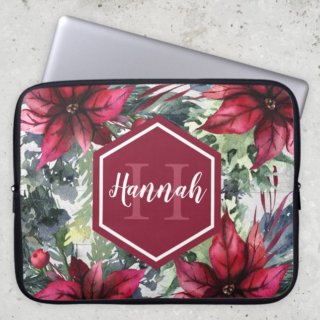 Capa Para Notebook Nome do Monograma Personalizado Poinsettia Vermelh (Criador carregado)