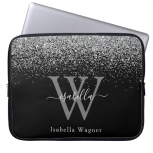 Capa Para Notebook Nome do Script Elegante da Glitter Preta do Sliver