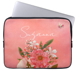 Capa Para Notebook Nome do Script Florals de Coral Rosa Cor-de-Água B