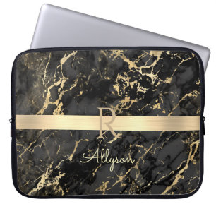 Capa Para Notebook Nome e Monograma DIY, Barra Dourada, Mármore Preto