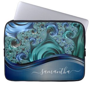 Capa Para Notebook Nome Manuscrito Fractal Azul Moderno