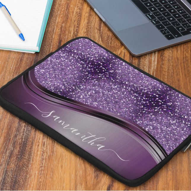 Capa Para Notebook Nome manuscrito Glam Purple Metal Glitter (Criador carregado)