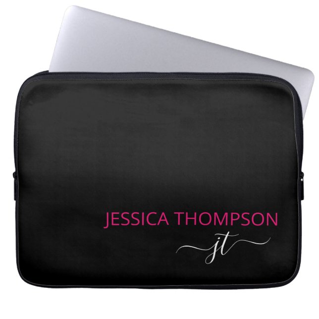 Capa Para Notebook Nome Monograma Moderno Simples em Preto e Rosa Vib (Frente)