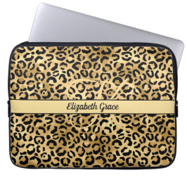 Capa Para Notebook Nome Monograma Preto Dourado Estampa Leopardo Guep