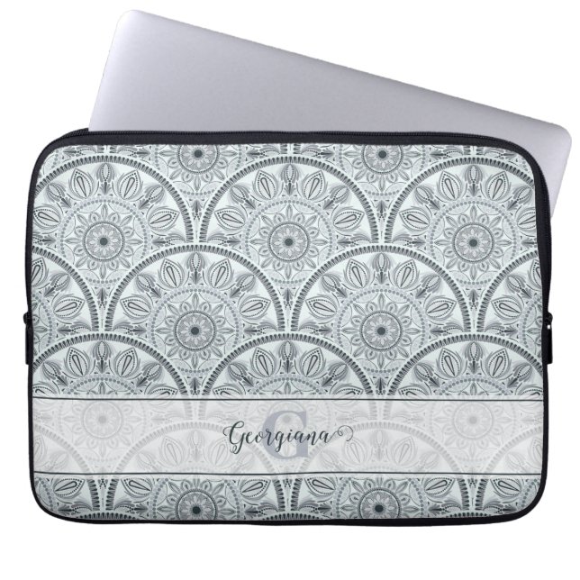 Capa Para Notebook Nome Personalizado Art Deco Floral Harmonia Cinza  (Frente)
