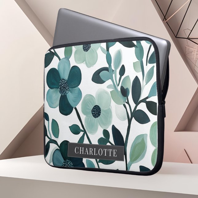 Capa Para Notebook Nome Personalizado Blue Aqua Floral Vines (Criador carregado)