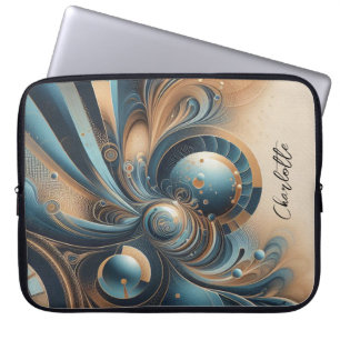 Capa Para Notebook Nome Personalizado Chic Fractal Azul Dourado Moder