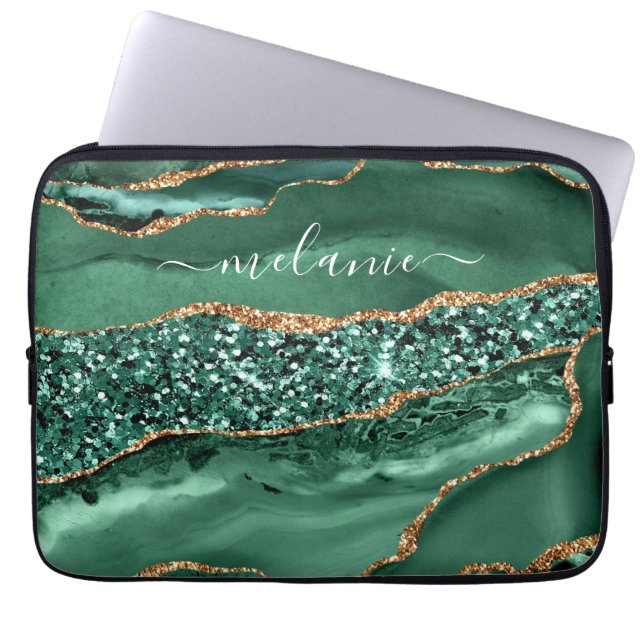 Capa Para Notebook Nome Personalizado do Marble de Geodo Glitter Verd (Frente)