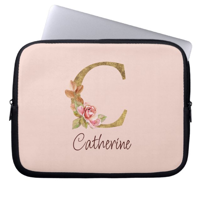 Capa Para Notebook Nome Personalizado Folha de Ouro Blush Rosas Rosa  (Frente)