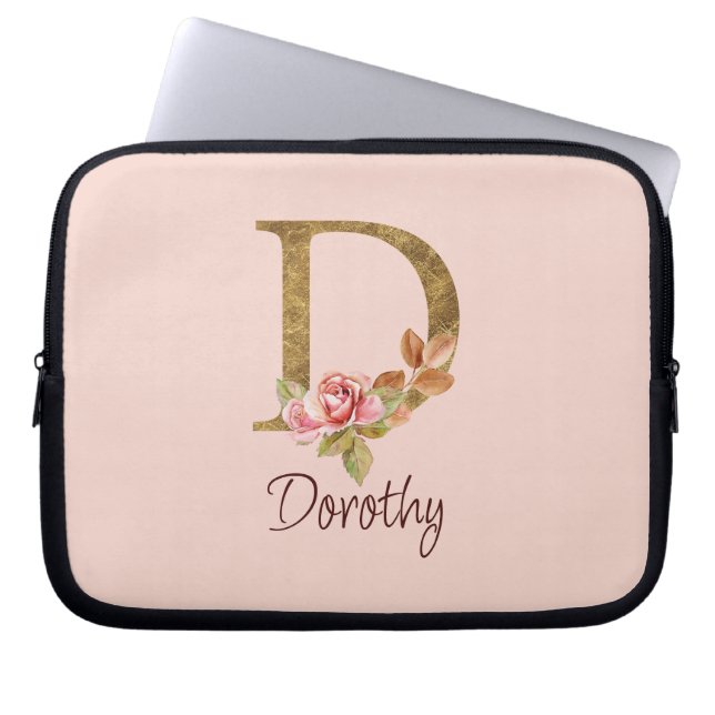 Capa Para Notebook Nome Personalizado Folha de Ouro Blush Rosas Rosa  (Frente)