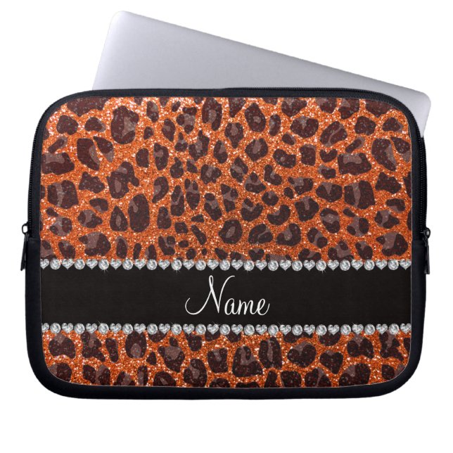 Capa Para Notebook Nome personalizado glitter laranja impressão leopa (Frente)