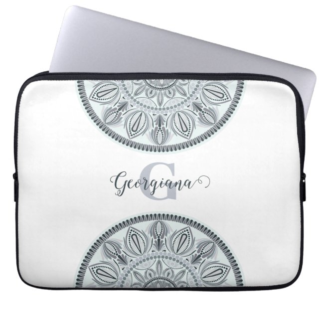 Capa Para Notebook Nome Personalizado Harmonia Floral Cinza Monotone  (Frente)