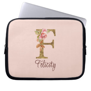 Capa Para Notebook Nome Personalizado Letra F Dourado Folha Rosa Cor-
