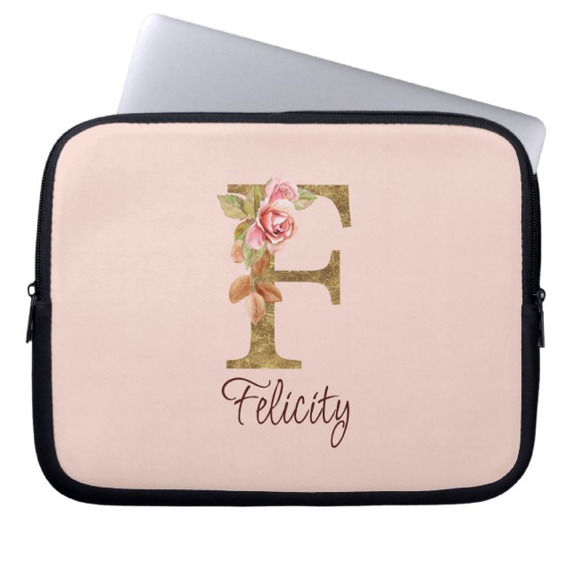 Capa Para Notebook Nome Personalizado Letra F Dourado Folha Rosa Cor- (Frente)