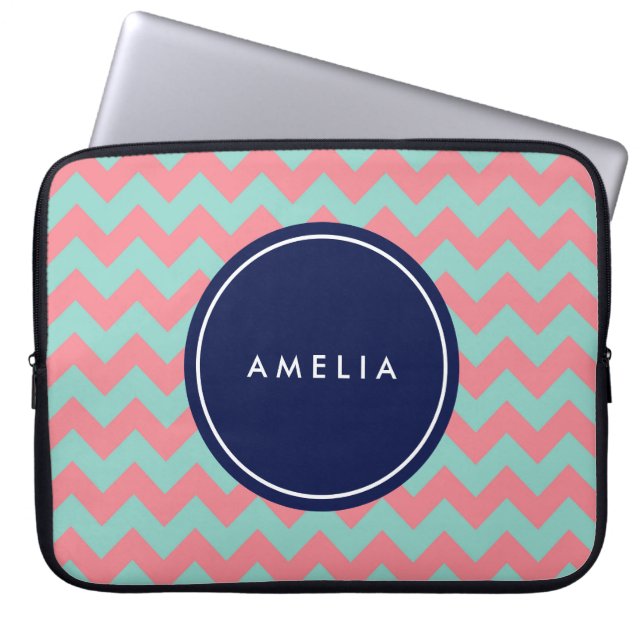 Capa Para Notebook Nome Personalizado Monograma Azul Claro e Rosa (Frente)