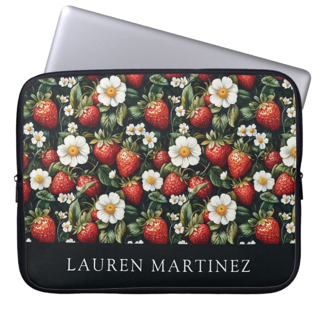 Capa Para Notebook Nome Personalizado Morangos e Flores (Frente)