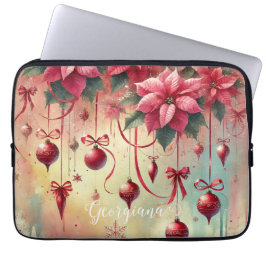 Capa Para Notebook Nome Personalizado Poinsettia Whimsical Baubles de
