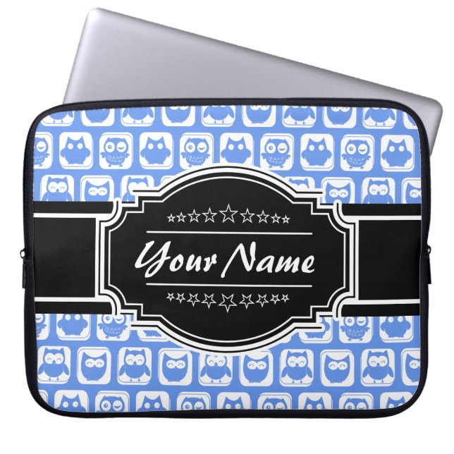 Capa Para Notebook Nome Personalizado Preto-Coruja Azul (Frente)