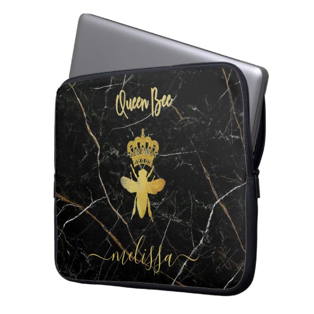 Capa Para Notebook Nome Personalizado RAINHA ABELHA Mármore Preto Dou (Frente Esquerda)