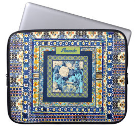 Capa Para Notebook Nota de monograma elegante de azulejo azul floral