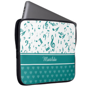 Capa Para Notebook Notas de Música e Corações Padrões Teal e Branco