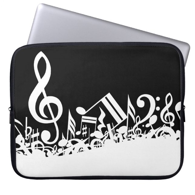 Capa Para Notebook Notas musicais misturadas brancas no preto (Frente)