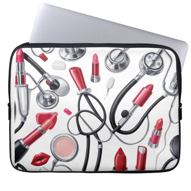 Capa Para Notebook Nurse Glam – Stethoscope & Lipstick Pattern (Frente)