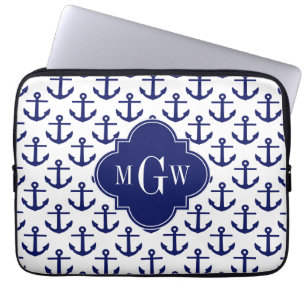 Capa Para Notebook O azul marinho ancora BG branca, monograma inicial