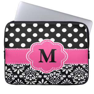 Capa Para Notebook O preto cor-de-rosa pontilha a bolsa de laptop do