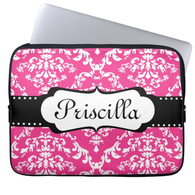 Capa Para Notebook O rosa do damasco da bolsa de laptop do monograma (Frente)