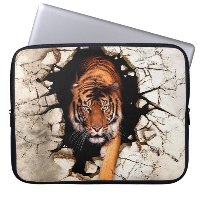 Capa Para Notebook O tigre de imagem 3d emerge da parede destruída (Frente)