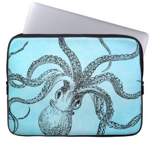 Capa Para Notebook Octopus Vintage 1800s em Teal Blue Watercolor
