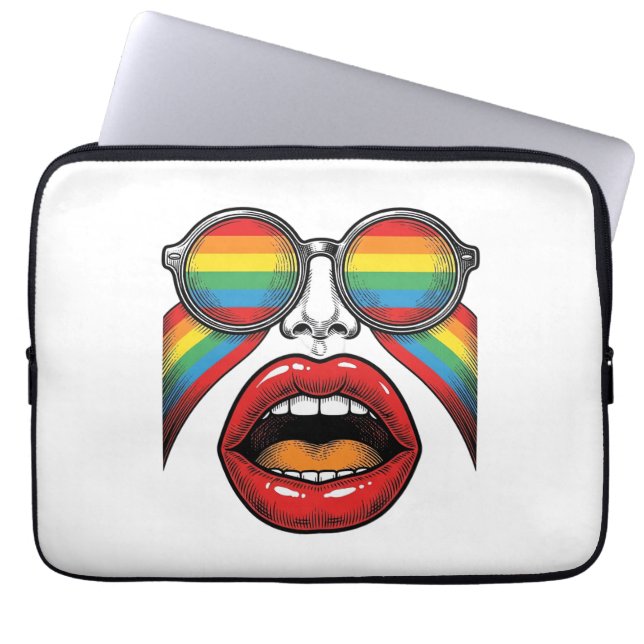 Capa Para Notebook Óculos de Sol Arco-íris Retrô Lábios Rosto Design  (Frente)