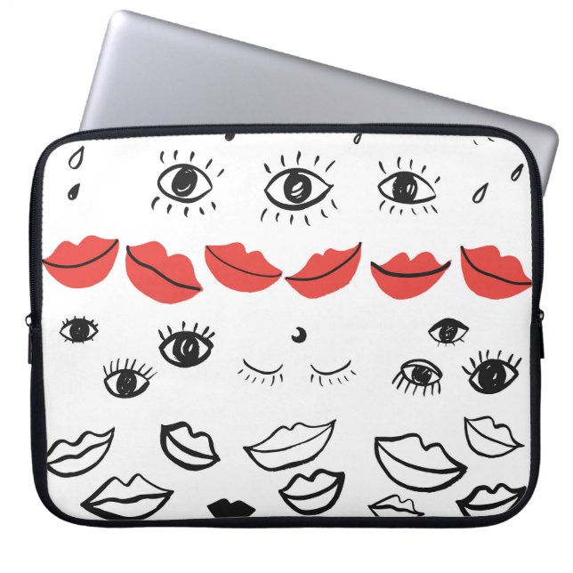 Capa Para Notebook Olhos vítreos, padrão de lábios vermelhos. (Frente)