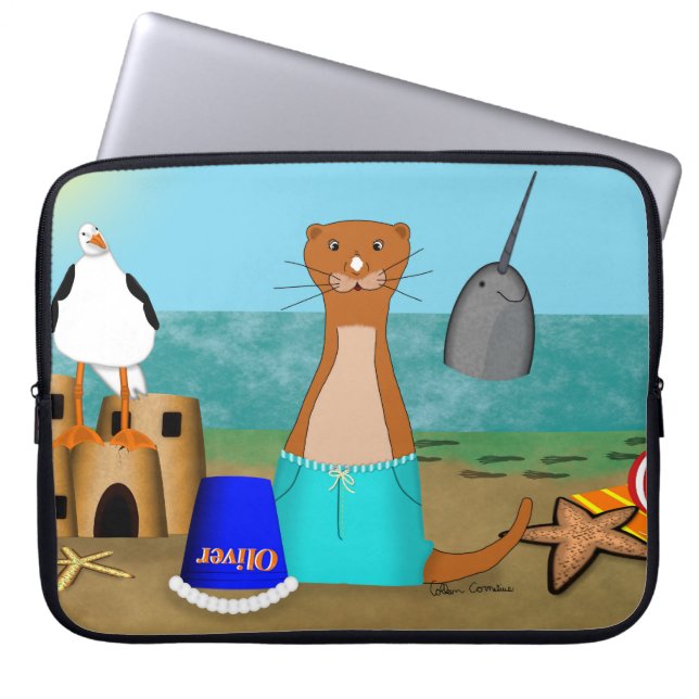 Capa Para Notebook Oliver a lontra na praia (Frente)