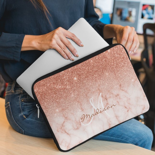 Capa Para Notebook Ombre em brilho dourado rosa mármore Monograma (Criador carregado)