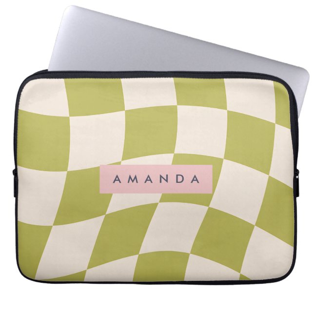 Capa Para Notebook Onda Xadrez Retro Verde Oliva Personalizada (Frente)