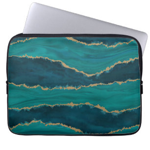 Capa Para Notebook Ondas de Ágata Teal – Mármore Abstrato com Dourado