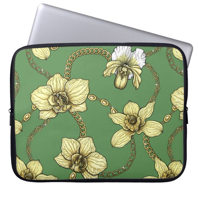 Capa Para Notebook Orquídeas e correntes, amarelas e verdes-kelly (Frente)