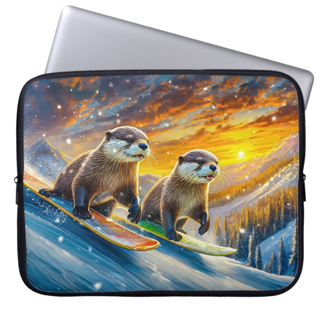 Capa Para Notebook Otters On Snowboards Design Por Rich AMeN Gill (Frente)