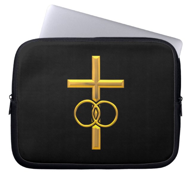 Capa Para Notebook Ouro 3-D Cruz com Anéis de Casamento (Frente)