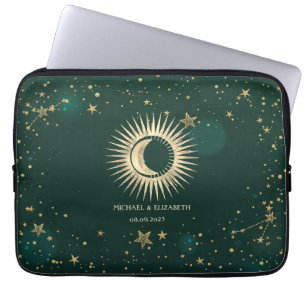 Capa Para Notebook Ouro Celestial Sol e Lua Estrelas Verde