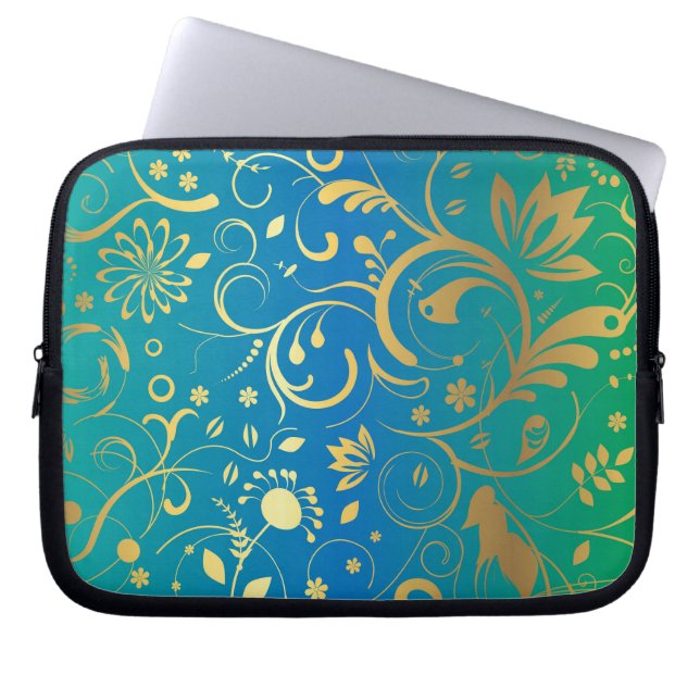 Capa Para Notebook Ouro Floral no verso verde e azul (Frente)