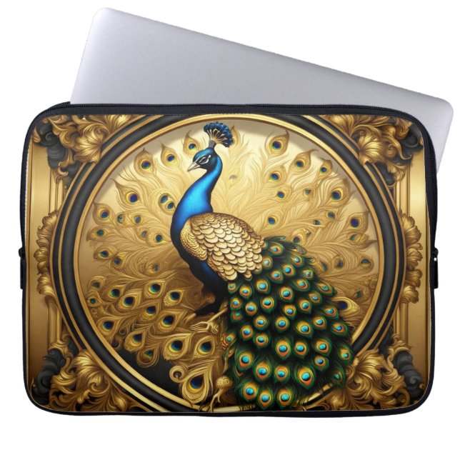 Capa Para Notebook Ouro pavão e quadro ornamental negro (Frente)