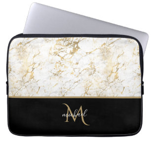 Capa Para Notebook Ouro Preto & Mármore Monograma Luxo Elegante 