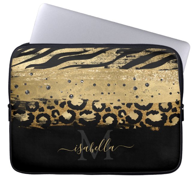 Capa Para Notebook Ouro Preto Monogramado Script Elegante Ouro (Frente)