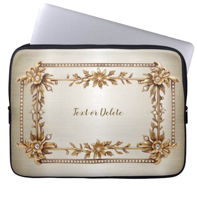 Capa Para Notebook Ouro Retângulo com Flores de Dimond Brilhantes (Frente)