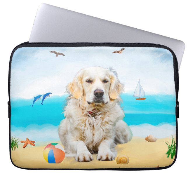 Capa Para Notebook Ouro Retriever Dog na praia (Frente)