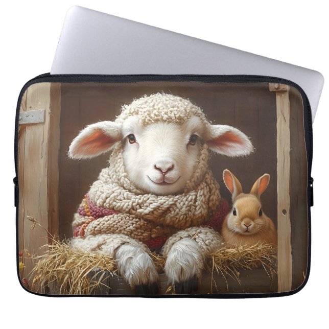 Capa Para Notebook Ovelhas e coelhos em celeiro com flores (Frente)