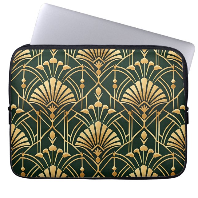 Capa Para Notebook Padrão Art Déco em Ouro Esmeralda (Frente)